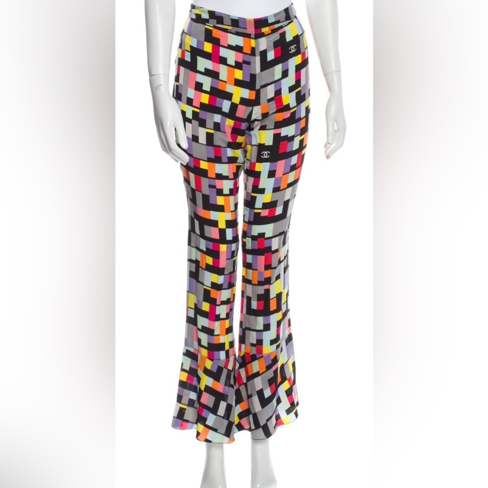 CHANEL multi color Silk Flare Pants with Boot Cut